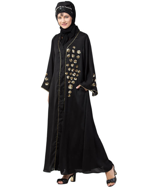 Modern Front open Hand embroidered Nida Dubai Kaftan Black