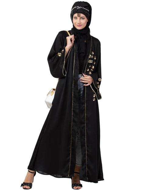 Modern Front open Hand embroidered Nida Dubai Kaftan Black