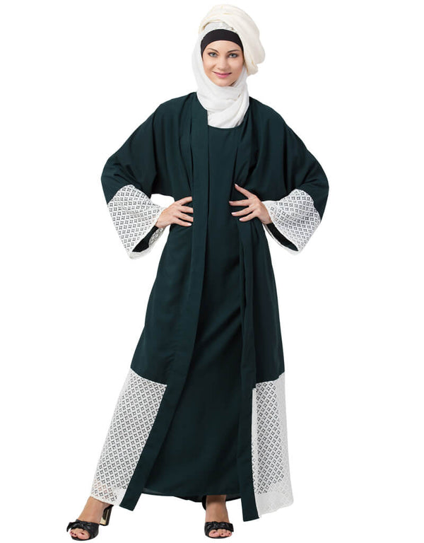Islamic Bottom and Sleeve embroidered fabric with extra Jacket at front Abaya Green