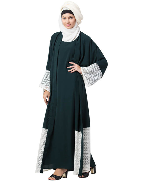 Islamic Bottom and Sleeve embroidered fabric with extra Jacket at front Abaya Green