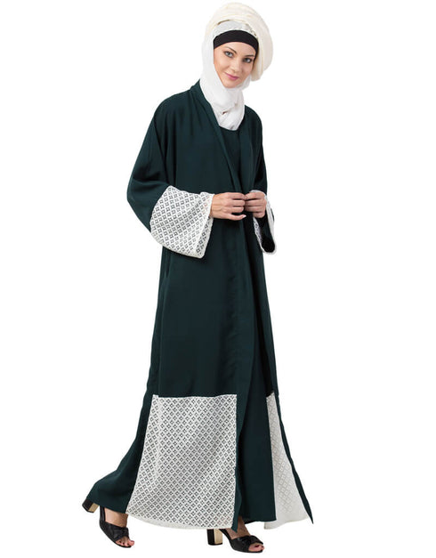 Islamic Bottom and Sleeve embroidered fabric with extra Jacket at front Abaya Green