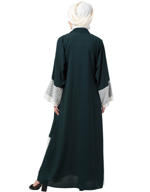 Islamic Bottom and Sleeve embroidered fabric with extra Jacket at front Abaya Green