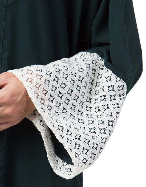 Islamic Bottom and Sleeve embroidered fabric with extra Jacket at front Abaya Green