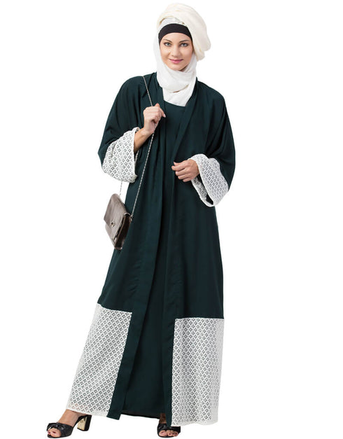 Islamic Bottom and Sleeve embroidered fabric with extra Jacket at front Abaya Green