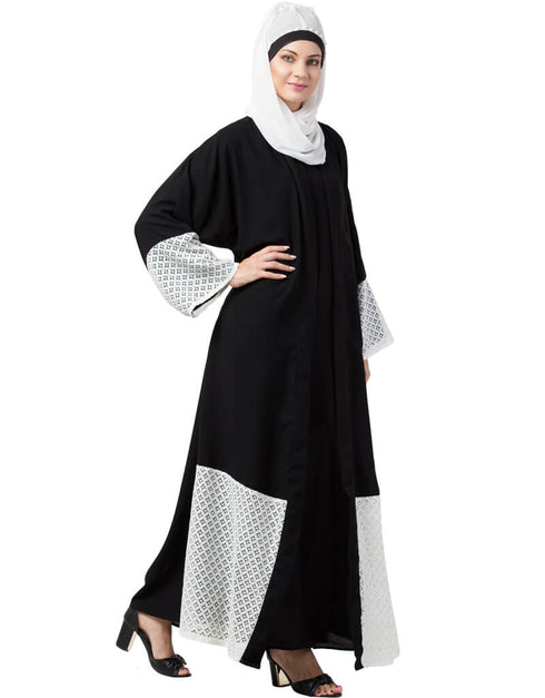 Arabic Bottom and Sleeve embroidered fabric with extra Jacket at front Abaya Black