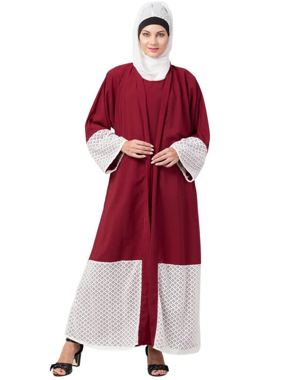 Women Bottom and Sleeve Embroidered Fabric With Extra Jacket at Front Abaya Maroon