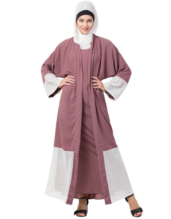 Muslimah Bottom and Sleeve Embroidered Fabric With Extra Jacket at Front Abaya Pink
