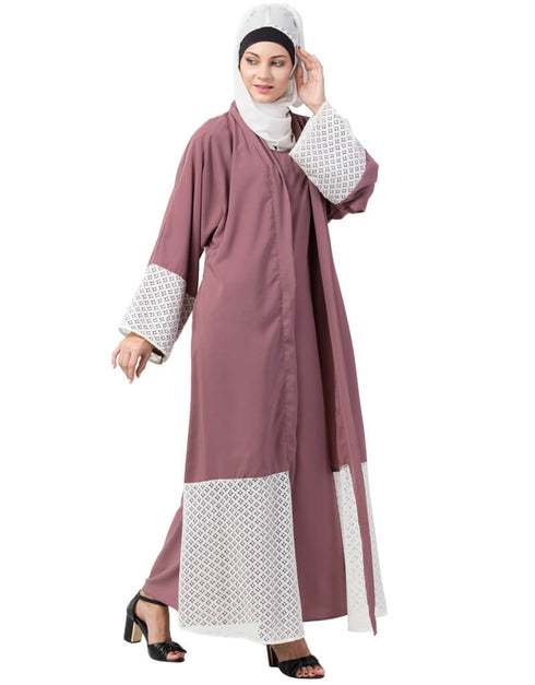 Muslimah Bottom and Sleeve Embroidered Fabric With Extra Jacket at Front Abaya Pink