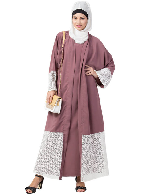 Muslimah Bottom and Sleeve Embroidered Fabric With Extra Jacket at Front Abaya Pink