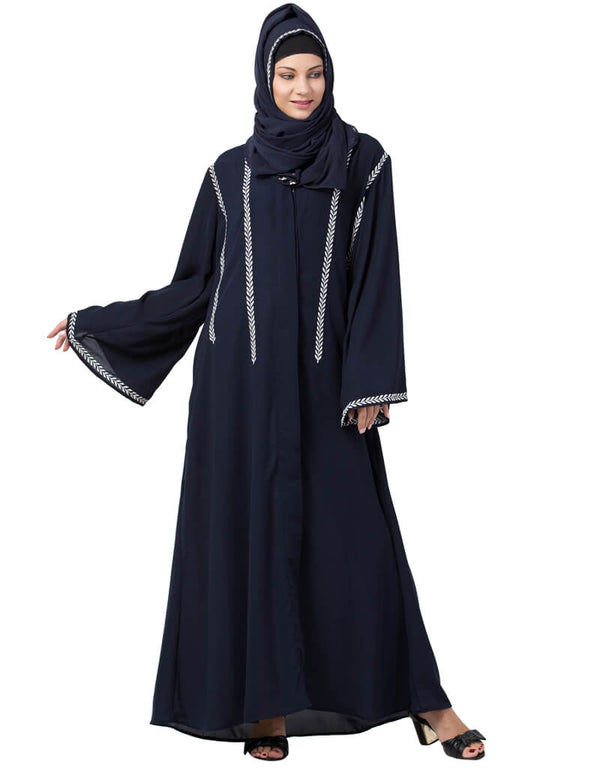 Trendy Front Open With Embroidered Hijab Kaftan Nacy Blue