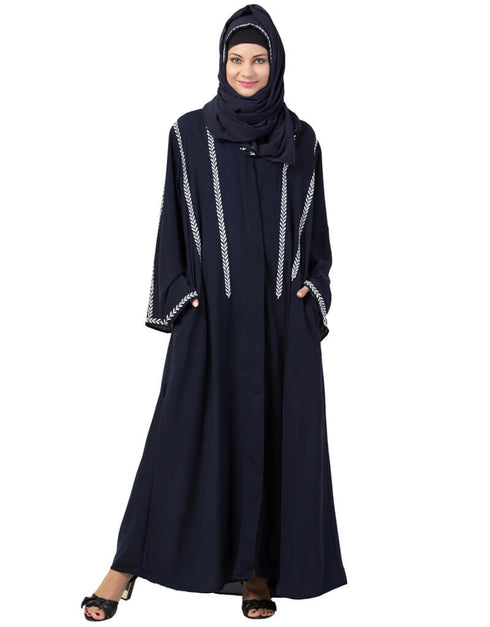 Trendy Front Open With Embroidered Hijab Kaftan Nacy Blue