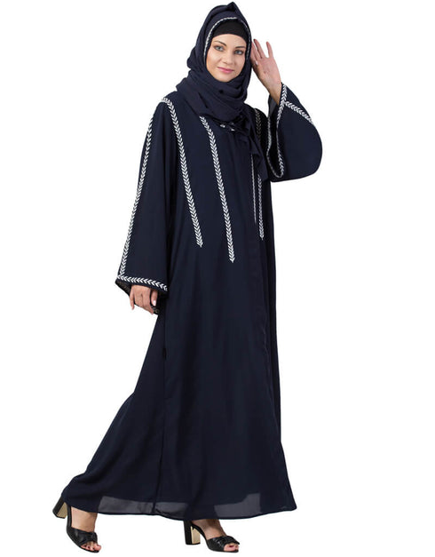 Trendy Front Open With Embroidered Hijab Kaftan Nacy Blue