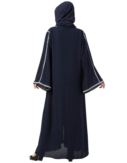 Trendy Front Open With Embroidered Hijab Kaftan Nacy Blue