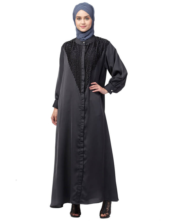 Muslim Diamond Beads Front open Abaya Dark Grey