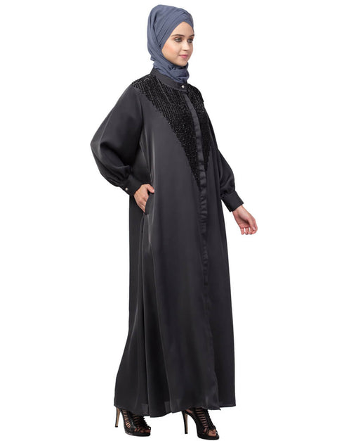 Muslim Diamond Beads Front open Abaya Dark Grey