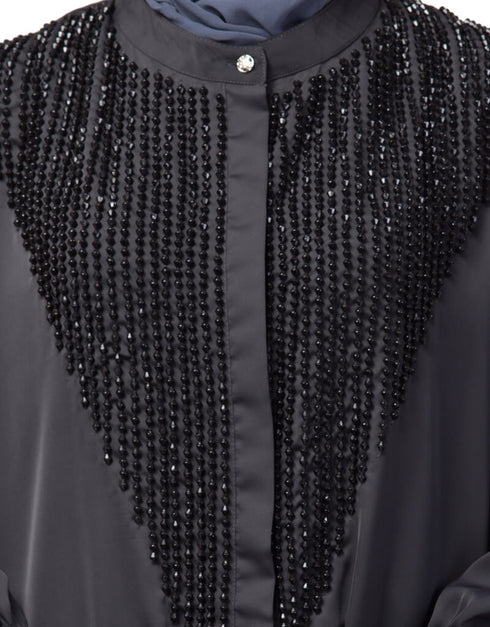 Muslim Diamond Beads Front open Abaya Dark Grey