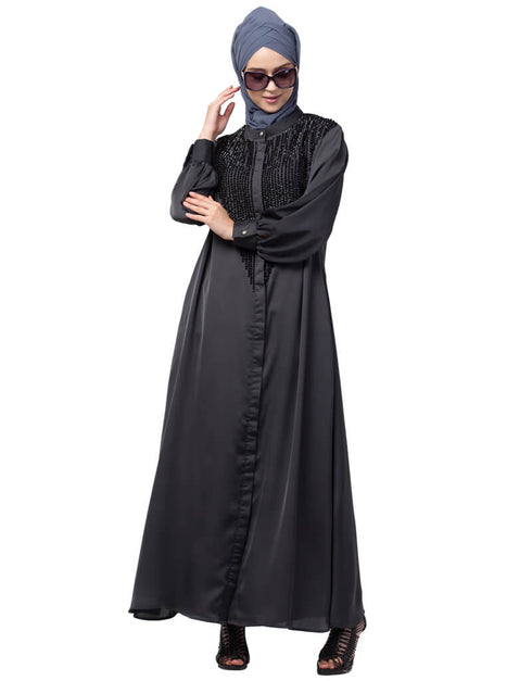 Muslim Diamond Beads Front open Abaya Dark Grey