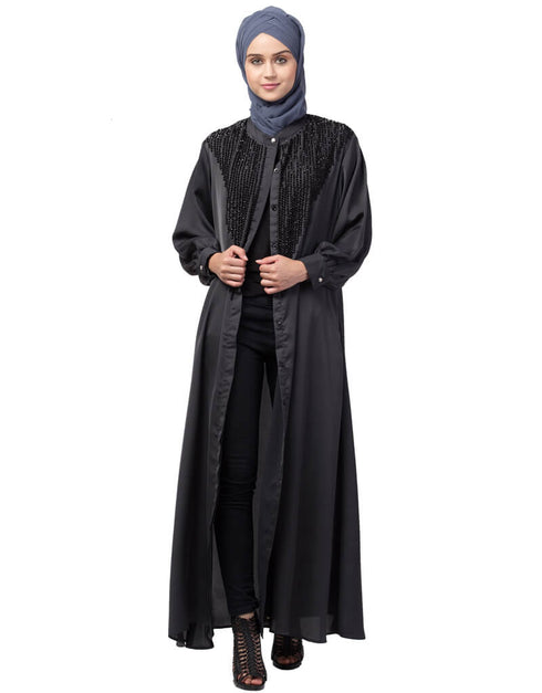 Muslim Diamond Beads Front open Abaya Dark Grey