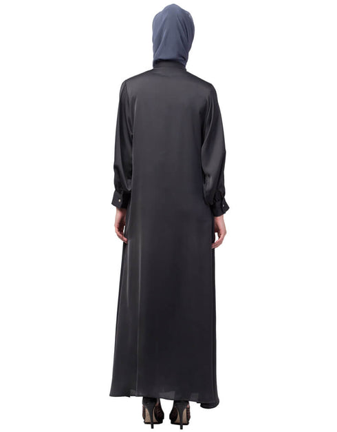 Muslim Diamond Beads Front open Abaya Dark Grey