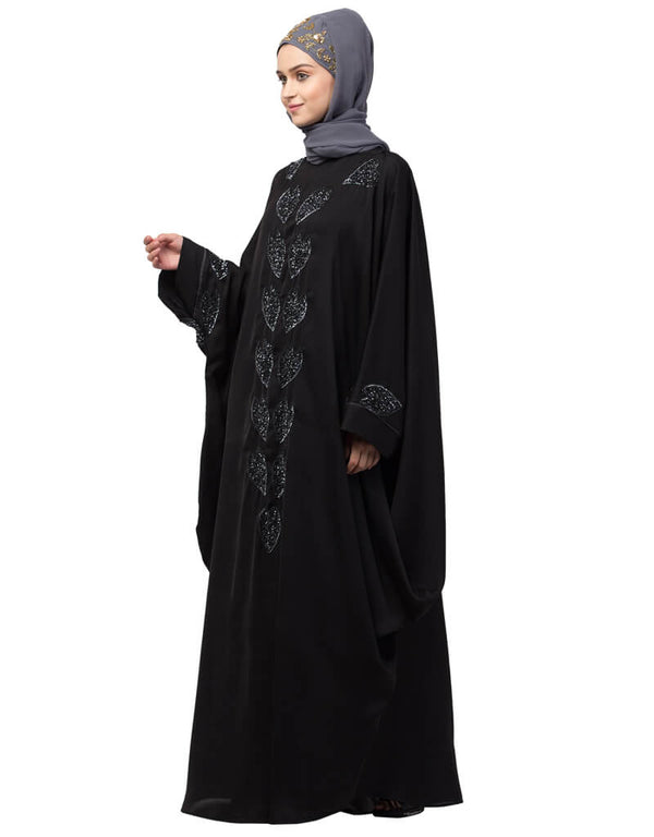 Modest Front and Sleeve hand embroidered Kaftan Black