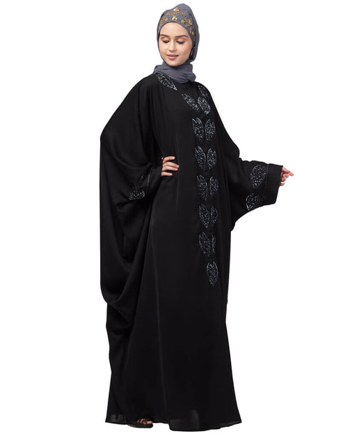 Modest Front and Sleeve hand embroidered Kaftan Black