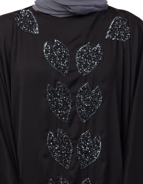 Modest Front and Sleeve hand embroidered Kaftan Black