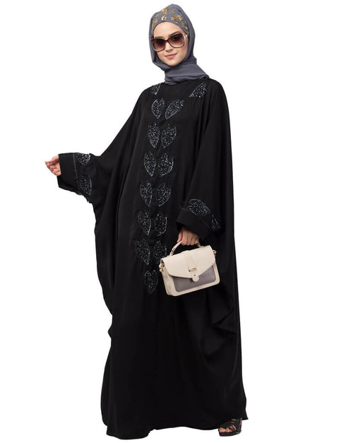 Modest Front and Sleeve hand embroidered Kaftan Black