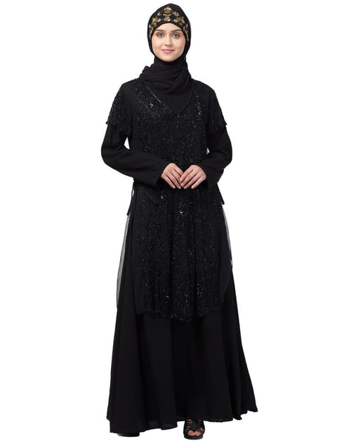 Islamic Two Piece Front and Back fully Beaded Party Abaya Black