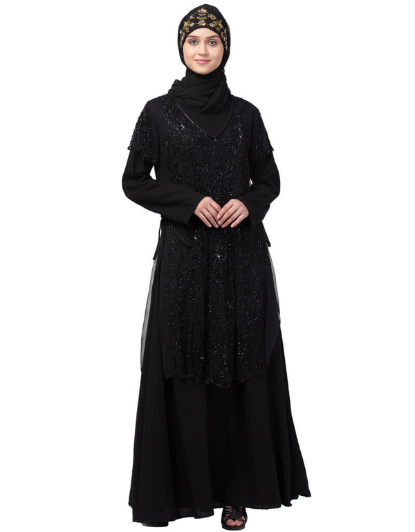 Islamic Two Piece Front and Back fully Beaded Party Abaya Black