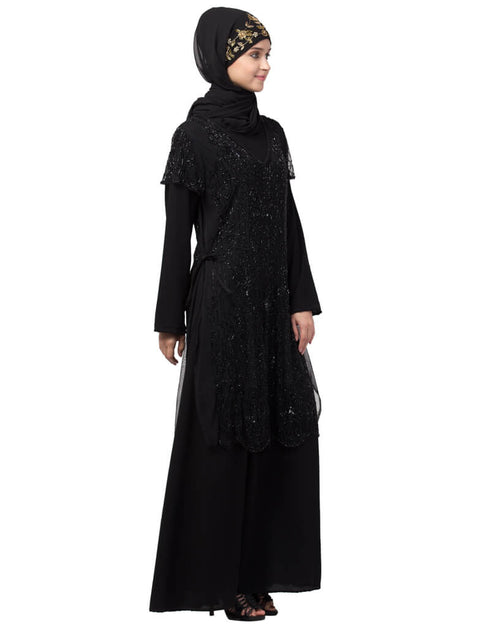 Islamic Two Piece Front and Back fully Beaded Party Abaya Black