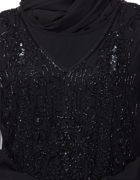 Islamic Two Piece Front and Back fully Beaded Party Abaya Black