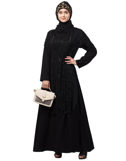 Islamic Two Piece Front and Back fully Beaded Party Abaya Black