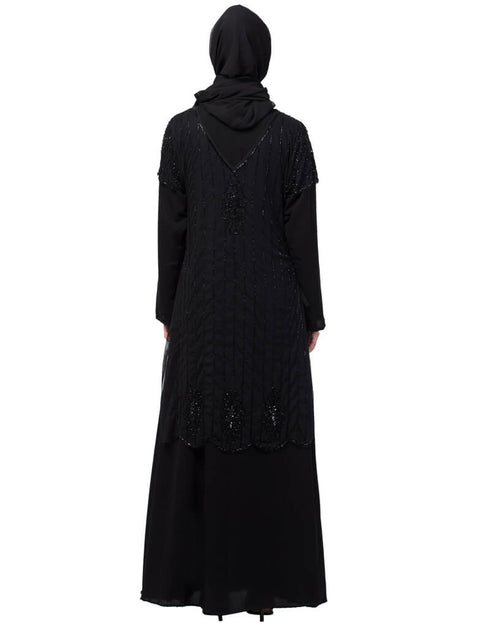 Islamic Two Piece Front and Back fully Beaded Party Abaya Black