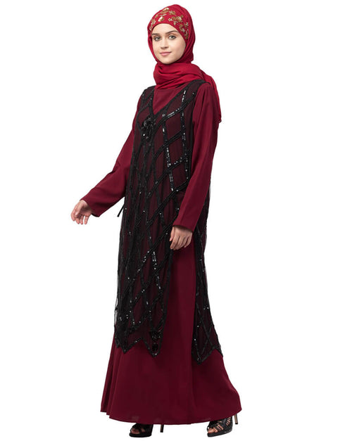 Arabic Two Piece Diamond cut fully Beaded Front and Back Party Abaya Black