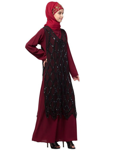 Arabic Two Piece Diamond cut fully Beaded Front and Back Party Abaya Black