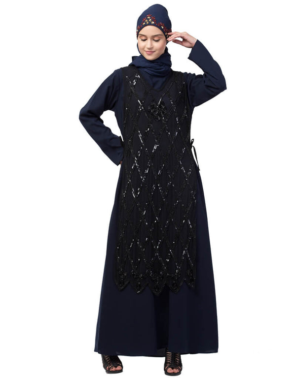 Women Two Piece Diamond cut fully Beaded Front and Back Party Abaya Black