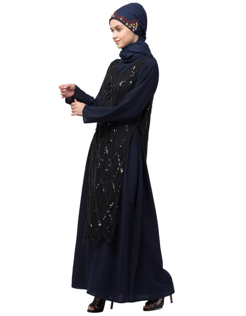 Women Two Piece Diamond cut fully Beaded Front and Back Party Abaya Black