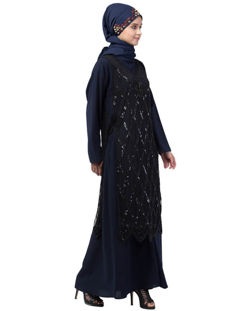 Women Two Piece Diamond cut fully Beaded Front and Back Party Abaya Black