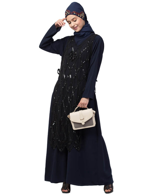 Women Two Piece Diamond cut fully Beaded Front and Back Party Abaya Black