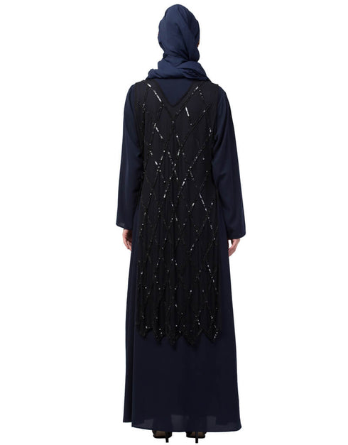 Women Two Piece Diamond cut fully Beaded Front and Back Party Abaya Black