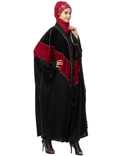 Muslimah Velvet contrast triangle front open Dubai Kaftan Black
