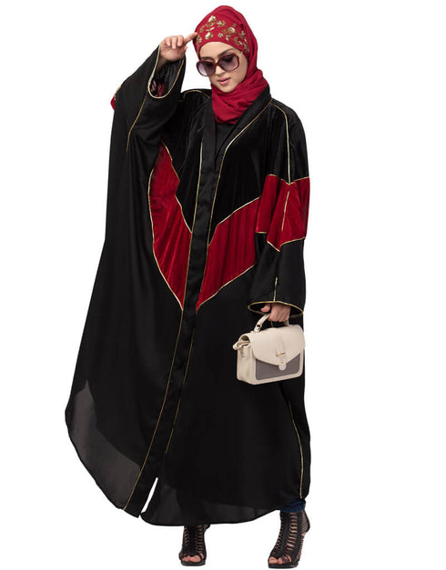 Muslimah Velvet contrast triangle front open Dubai Kaftan Black