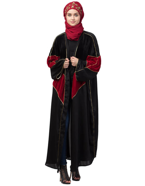 Muslimah Velvet contrast triangle front open Dubai Kaftan Black