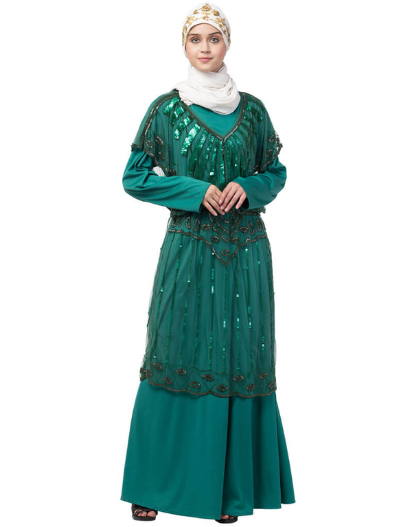 Chic Two Piece Butterfly sleeve Fully Beaded Abaya Green