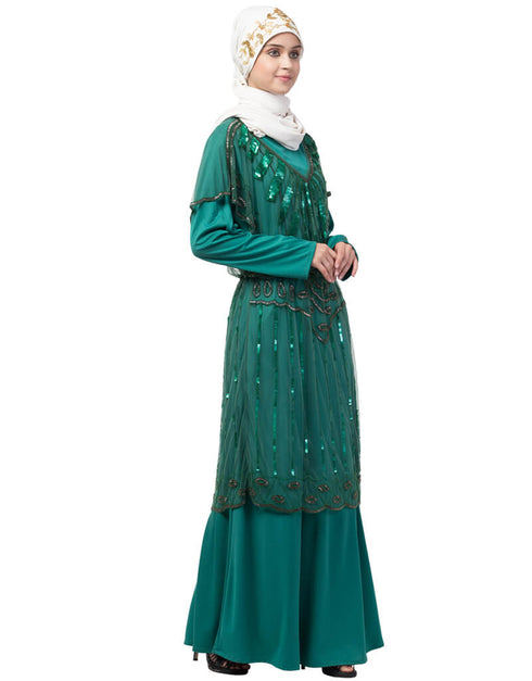 Chic Two Piece Butterfly sleeve Fully Beaded Abaya Green
