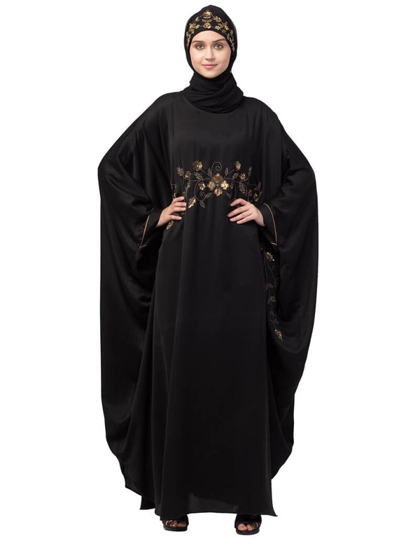 Trendy Hand work across front Antique Brass embroidery Nida Kaftan Black