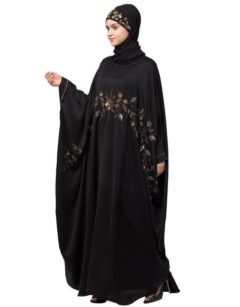 Trendy Hand work across front Antique Brass embroidery Nida Kaftan Black