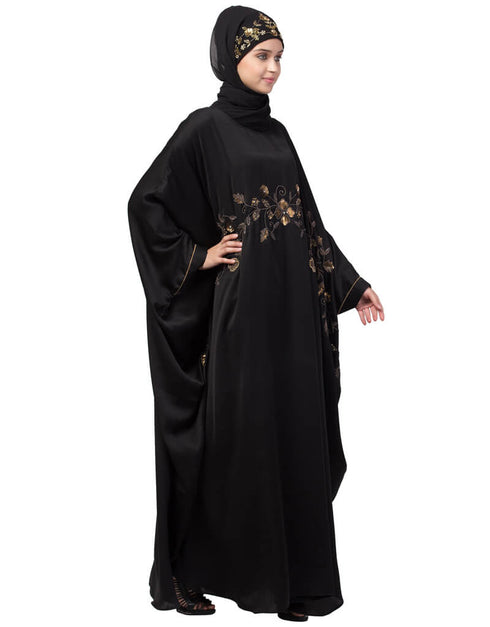 Trendy Hand work across front Antique Brass embroidery Nida Kaftan Black
