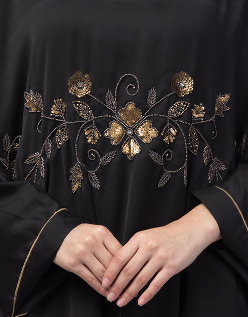 Trendy Hand work across front Antique Brass embroidery Nida Kaftan Black