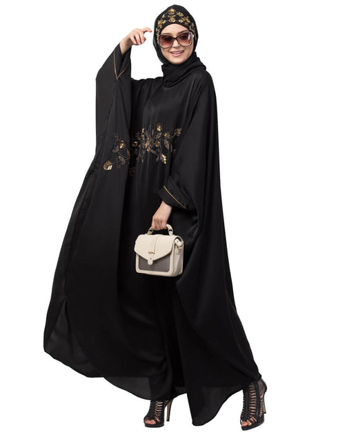 Trendy Hand work across front Antique Brass embroidery Nida Kaftan Black